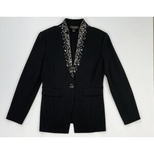 St John Black Knit Studded Jeweled Wool Blend Jacket Size 10 Damaged Button